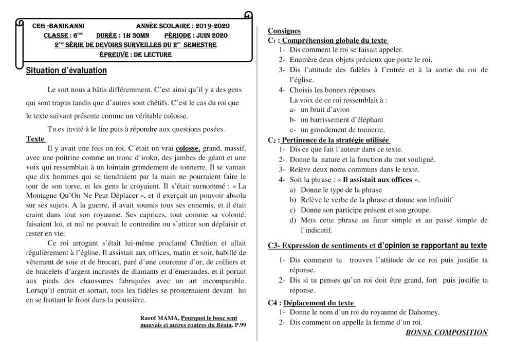 Aperçu de la première page — Lecture 6e Devoir 2 Semestre 2 CEG Banikanni 2019 2020