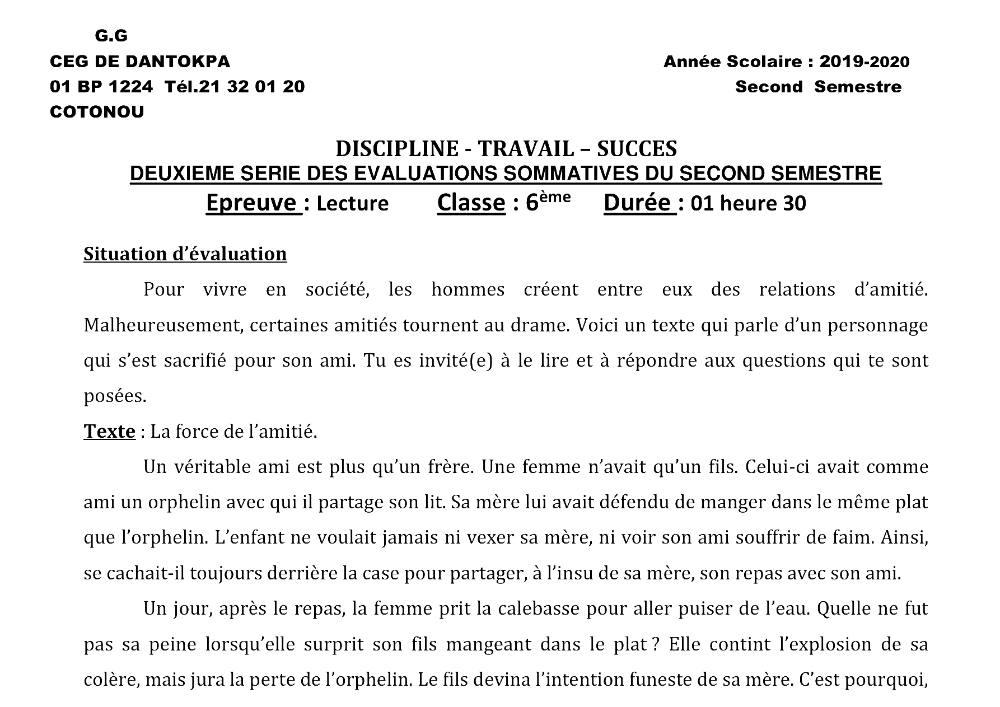 Aperçu de la première page — Lecture 6e Devoir 2 Semestre 2 CEG Dantokpa 2019 2020 (2)