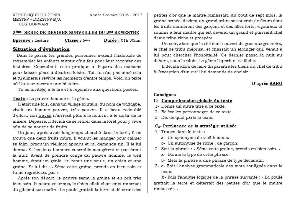 Aperçu de la première page — Lecture 6e Devoir 2 Semestre 2 CEG Donwari 2018 2019