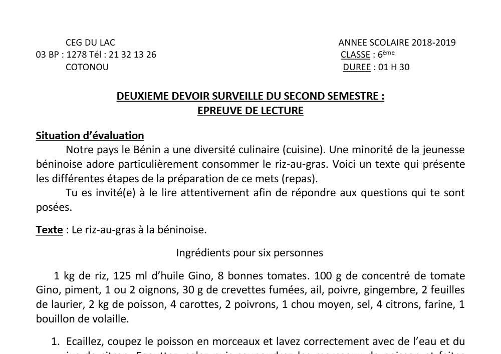 Aperçu de la première page — Lecture 6e Devoir 2 Semestre 2 CEG du Lac 2018 2019