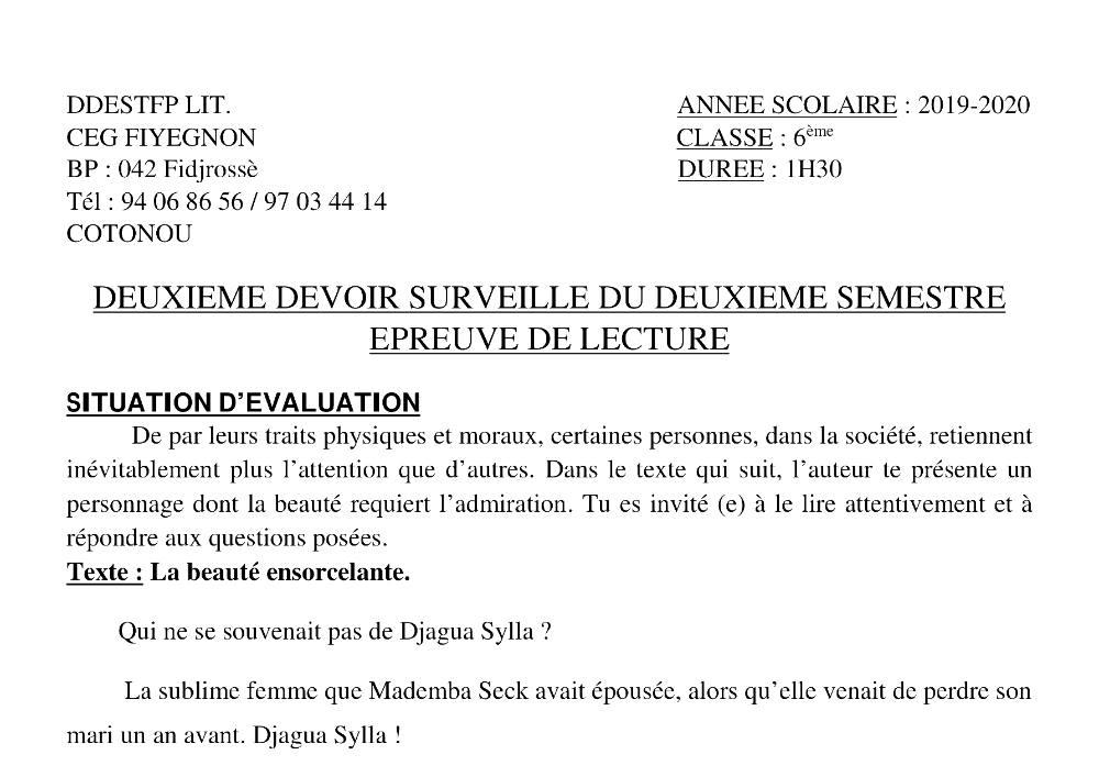 Aperçu de la première page — Lecture 6e Devoir 2 Semestre 2 CEG Fiyegnon 2019 2020