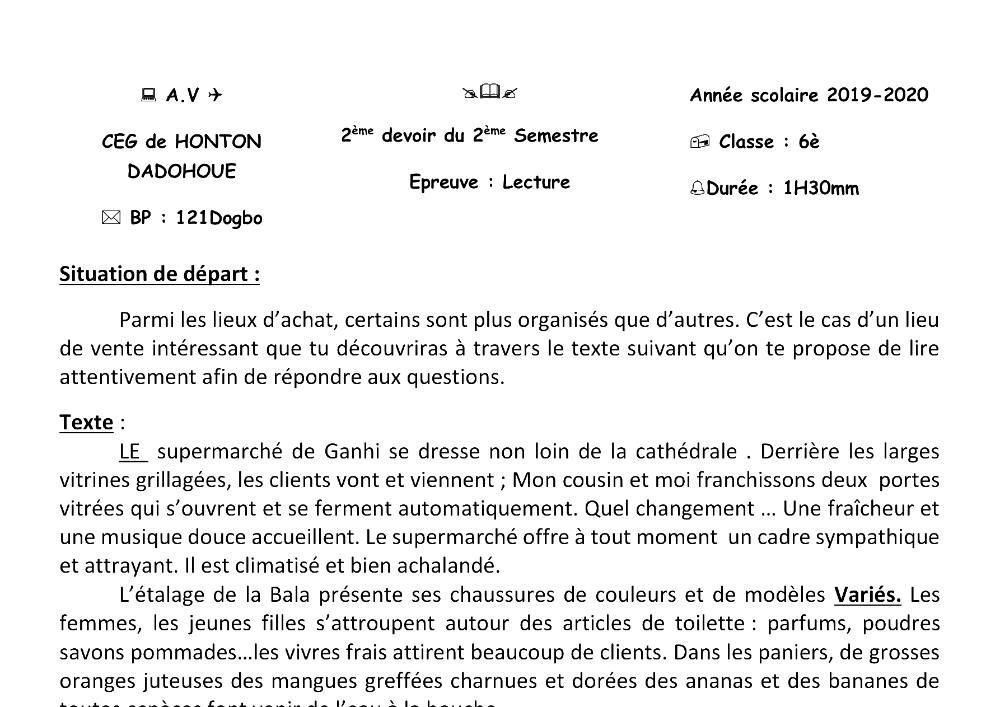 Aperçu de la première page — Lecture 6e Devoir 2 Semestre 2 CEG Honton 2019 2020