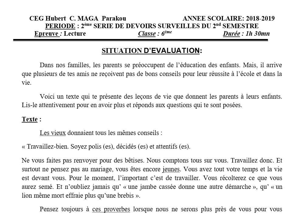 Aperçu de la première page — Lecture 6e Devoir 2 Semestre 2 CEG Hubert C Maga 2018 2019