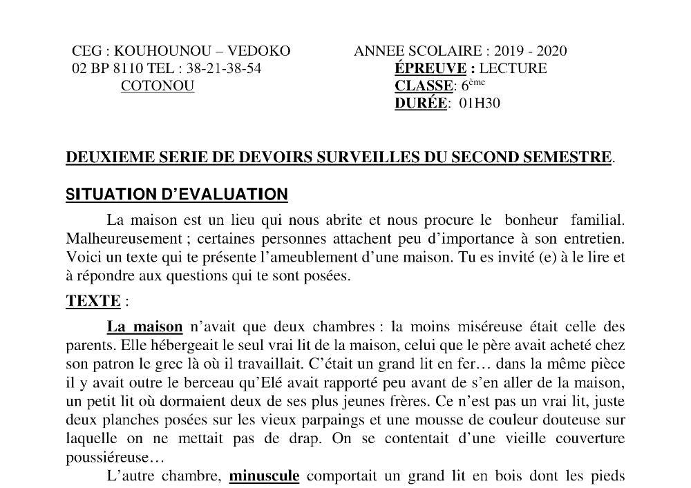 Aperçu de la première page — Lecture 6e Devoir 2 Semestre 2 CEG Kouhounou 2019 2020