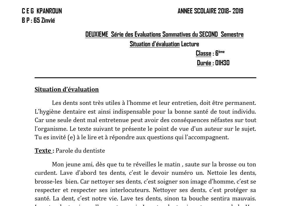 Aperçu de la première page — Lecture 6e Devoir 2 Semestre 2 CEG Kpanroun 2018 2019