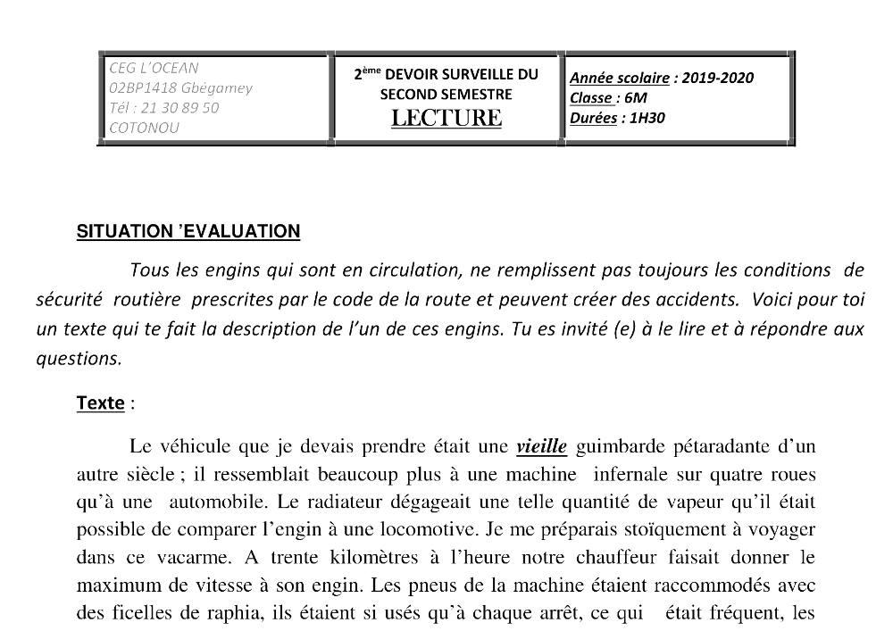Aperçu de la première page — Lecture 6e Devoir 2 Semestre 2 CEG L'Ocean 2019 2020