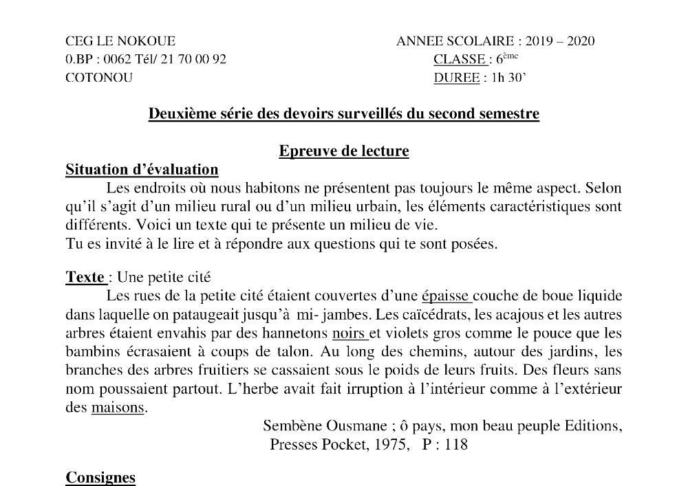 Aperçu de la première page — Lecture 6e Devoir 2 Semestre 2 CEG Le Nokoué 2019 2020