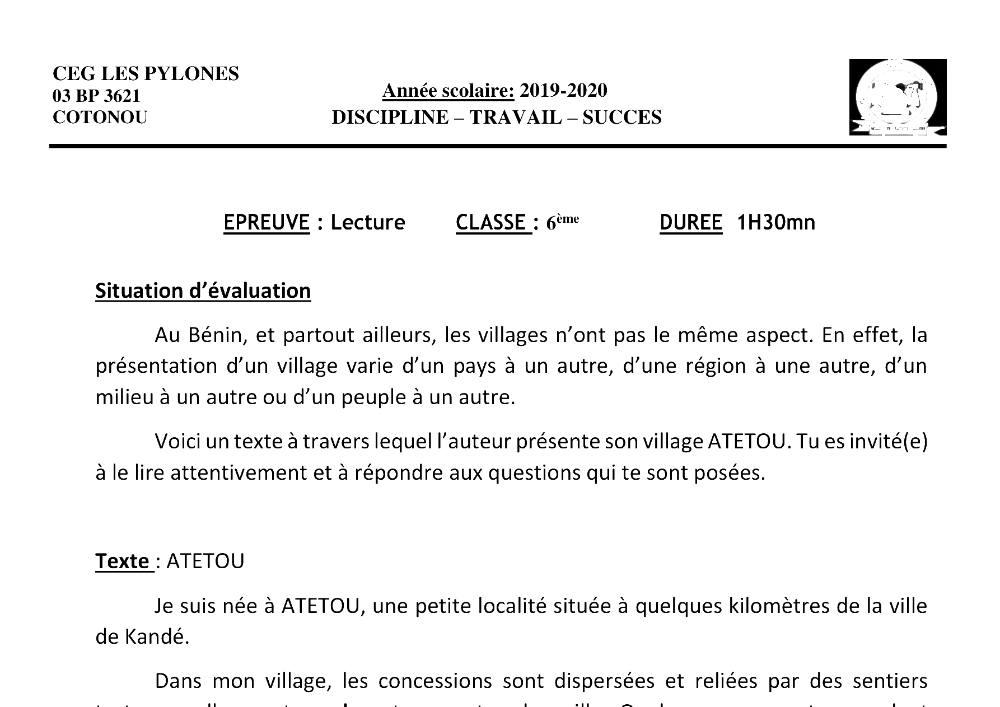 Aperçu de la première page — Lecture 6e Devoir 2 Semestre 2 CEG Les Pylônes 2019 2020