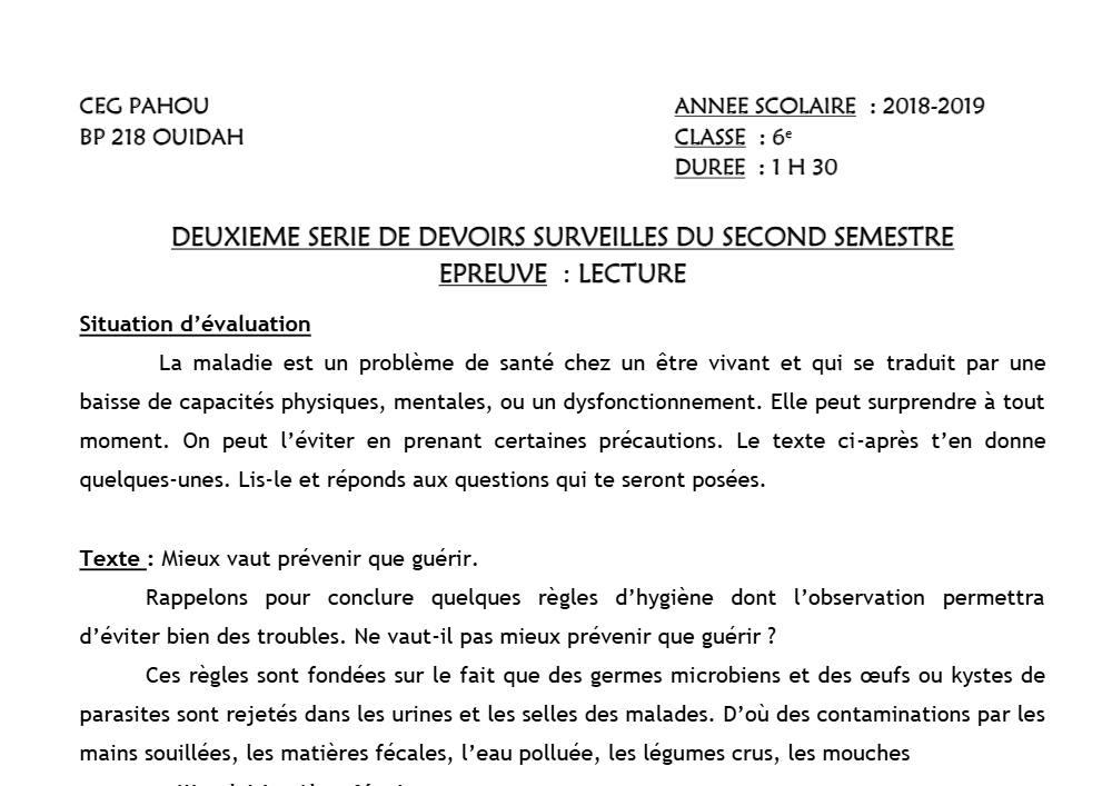 Aperçu de la première page — Lecture 6e Devoir 2 Semestre 2 CEG Pahou 2018 2019