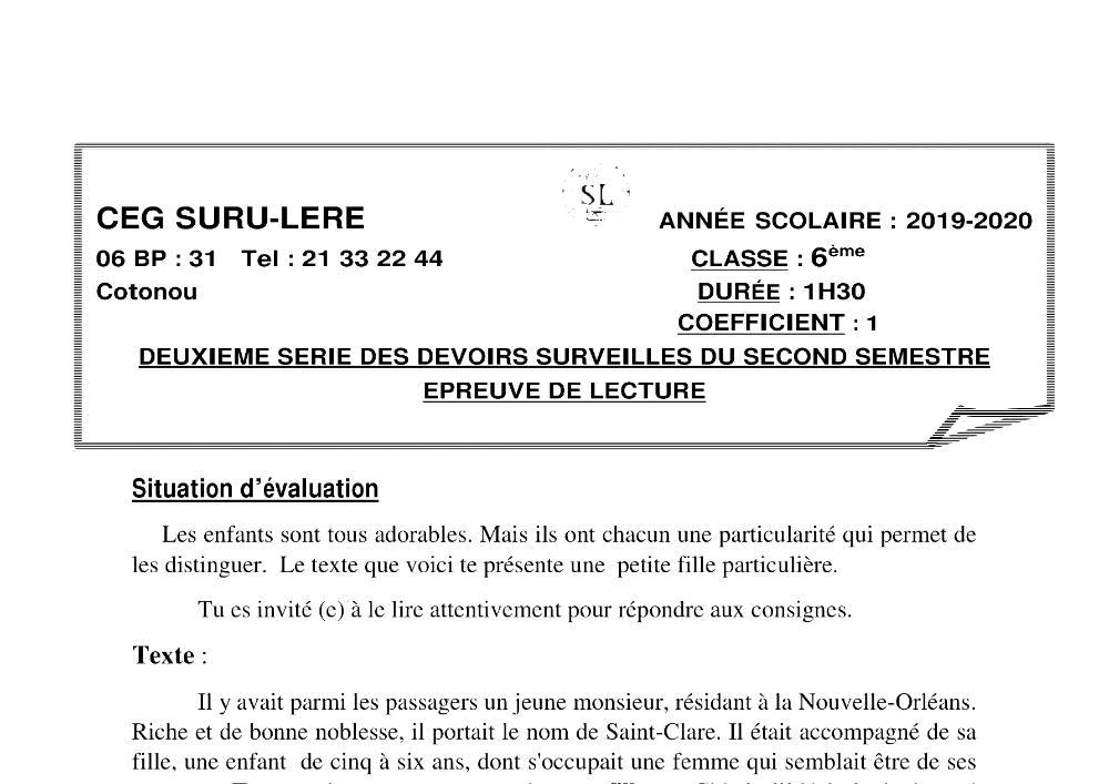 Aperçu de la première page — Lecture 6e Devoir 2 Semestre 2 CEG Suru Léré 2019 2020
