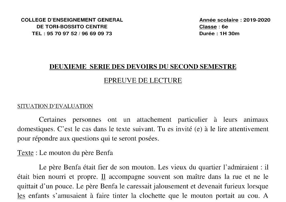 Aperçu de la première page — Lecture 6e Devoir 2 Semestre 2 CEG Tori Bossito 2019 2020