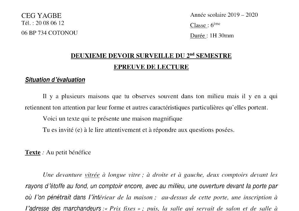 Aperçu de la première page — Lecture 6e Devoir 2 Semestre 2 CEG Yagbe 2019 2020