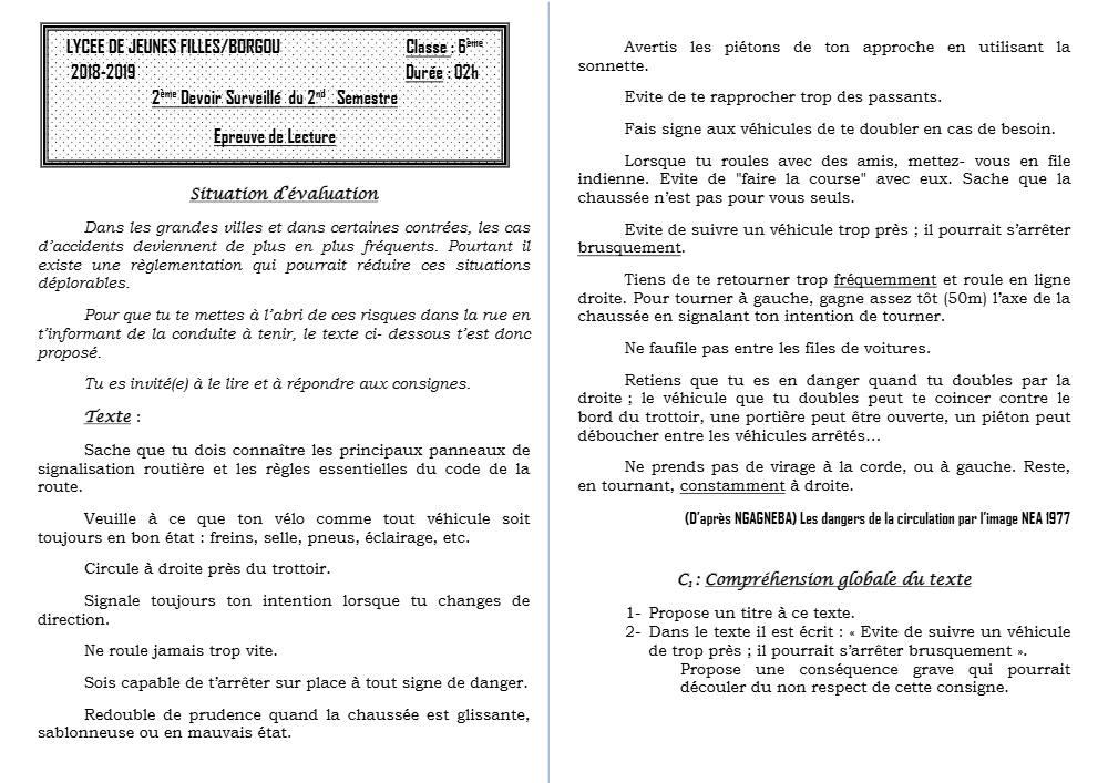 Aperçu de la première page — Lecture 6e Devoir 2 Semestre 2 Lycée de Jeunes Filles 2018 2019