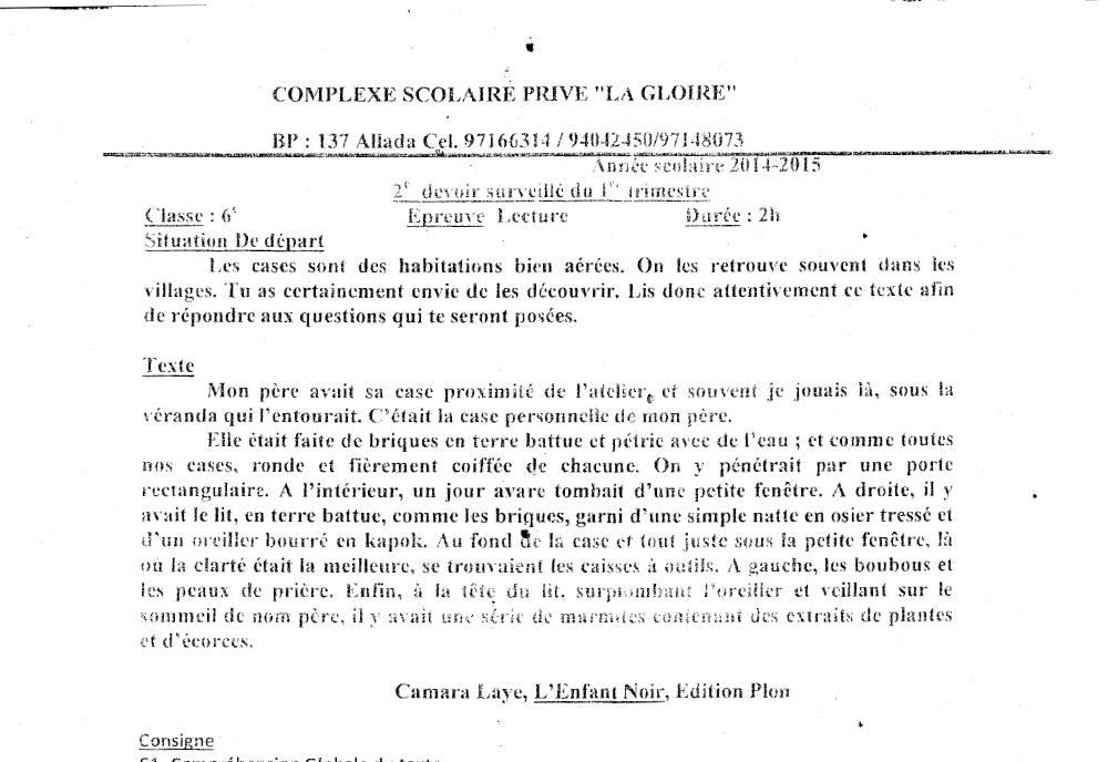 Aperçu de la première page — Lecture 6e Devoir 2 Trimestre 1 CS La Gloire 2014 2015