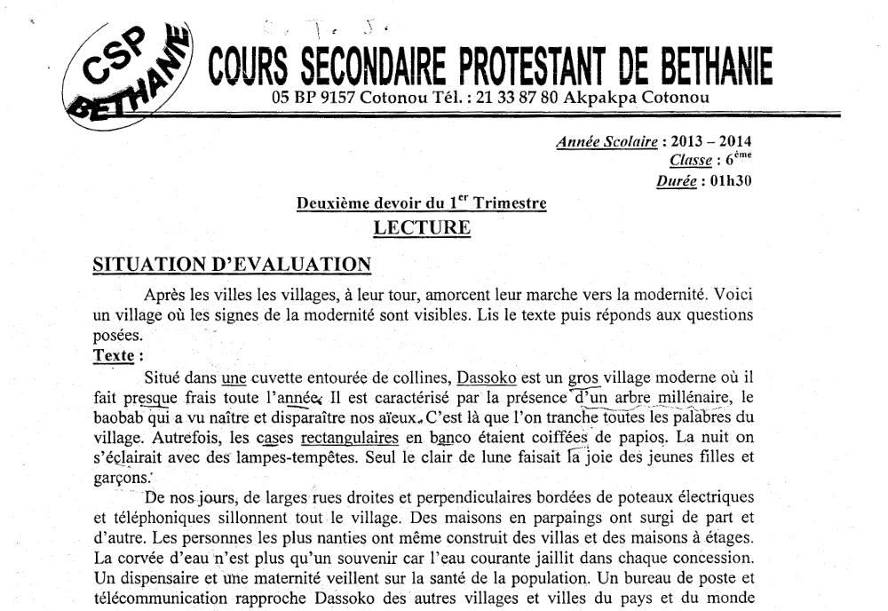 Aperçu de la première page — Lecture 6e Devoir 2 Trimestre 1 CSP Béthanie 2014