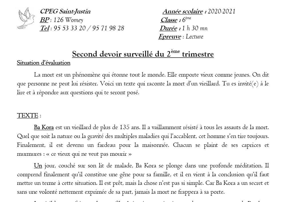 Aperçu de la première page — Lecture 6e Devoir 2 Trimestre 2 CPEG Saint Justin 2021