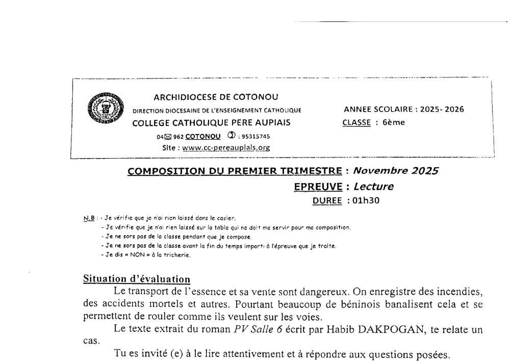 Aperçu de la première page — Lecture 6e Composition Trimestre 1 Collège Catholique Père Aupiais 2025 2026