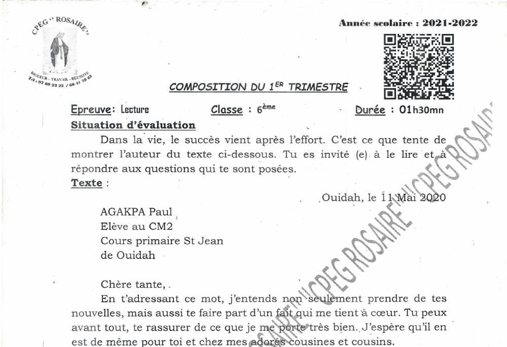 Aperçu de la première page — Lecture 6e — 1er trimestre 2021