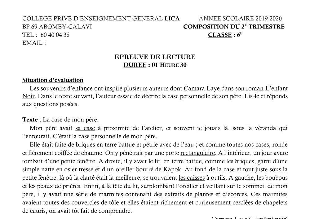 Aperçu de la première page — Lecture 6e Composition Trimestre 2 Cepg Lica 2019 2020