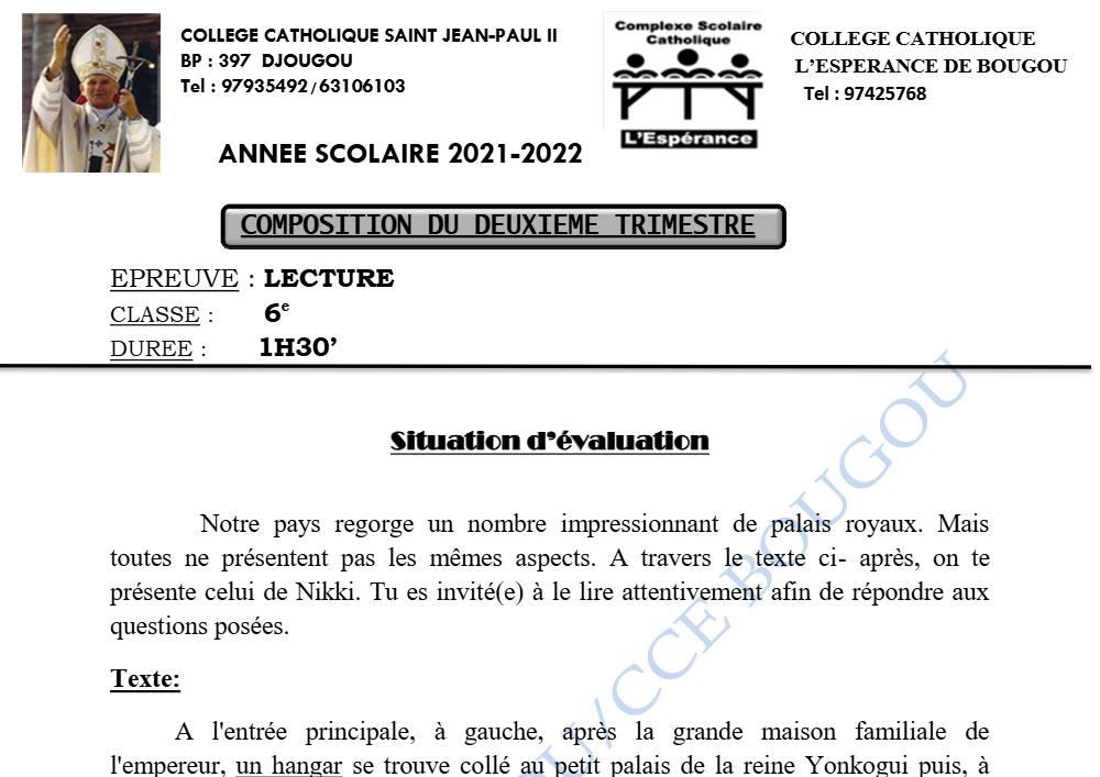 Aperçu de la première page — Lecture 6e Composition Trimestre 2 Collège Catholique Saint Jean Paul II 2021 2022