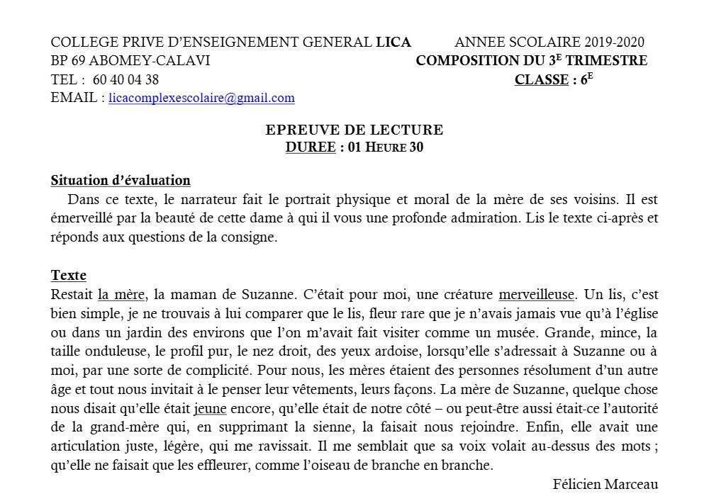 Aperçu de la première page — Lecture 6e Composition Trimestre 3 CPEG Lica 2019 2020
