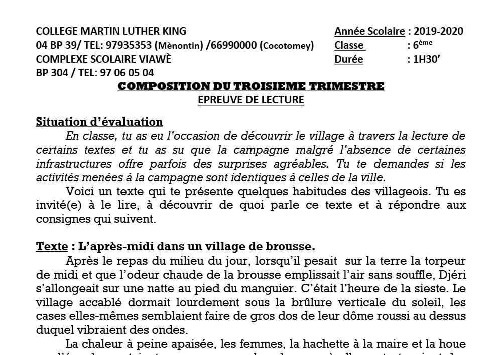 Aperçu de la première page — Lecture 6e Composition Trimestre 3 CS Martin Luther King 2019 2020