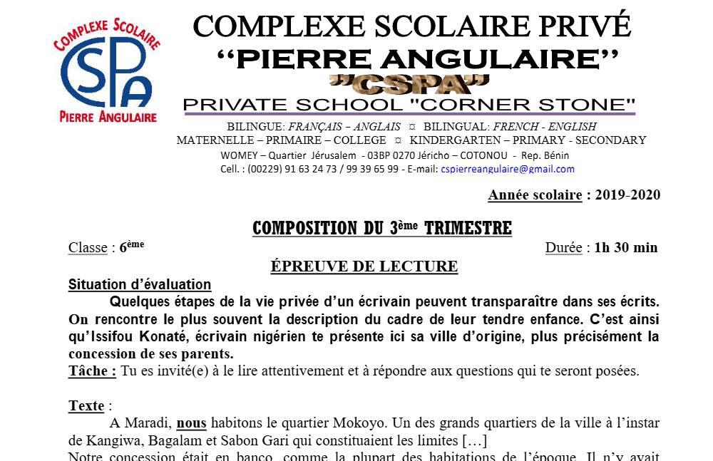 Aperçu de la première page — Lecture 6e Composition Trimestre 3 CS Pierre Angulaire 2019 2020