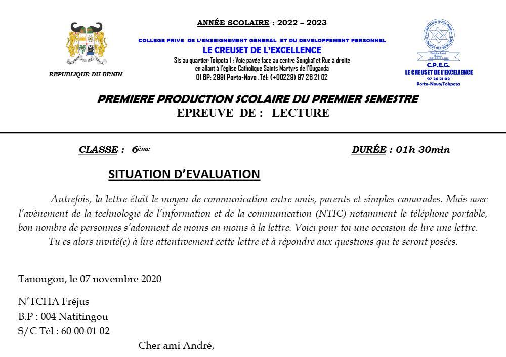 Aperçu de la première page — Lecture 6e Devoir 1 Semestre 1 6eme, CPEG Le Creuset de L'Excellence 2022 2023
