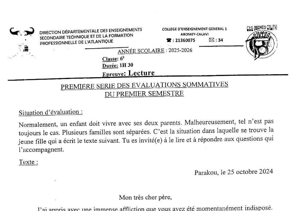 Aperçu de la première page — Lecture 6e Devoir 1 Semestre 1 CEG 1 Abomey Calavi 2025 2026