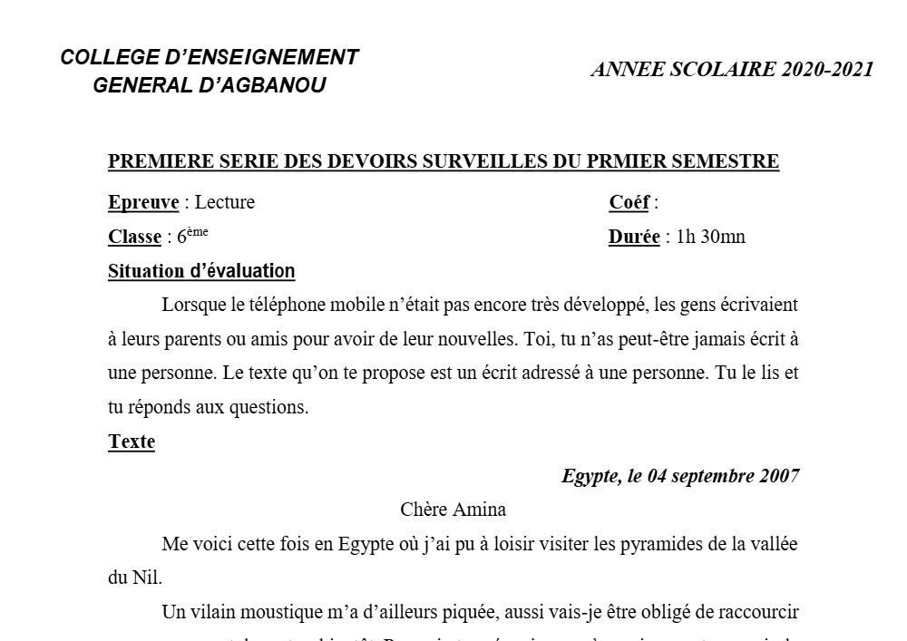 Aperçu de la première page — Lecture 6e Devoir 1 Semestre 1 CEG Agbanou 2020 2021