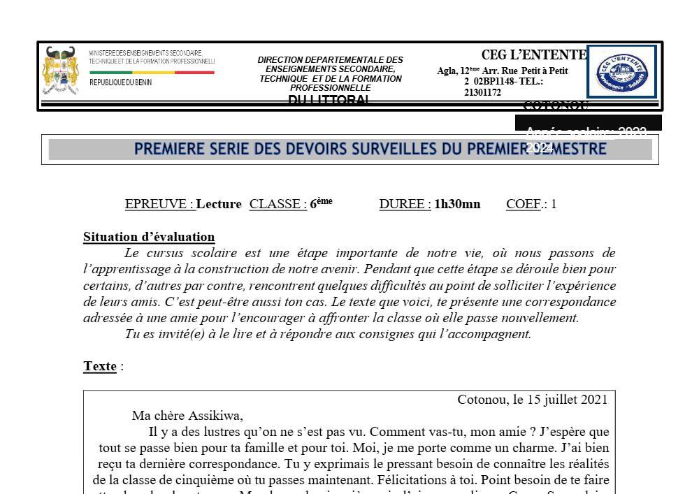 Aperçu de la première page — Lecture 6e Devoir 1 Semestre 1 CEG de L'Entente 2023 2024