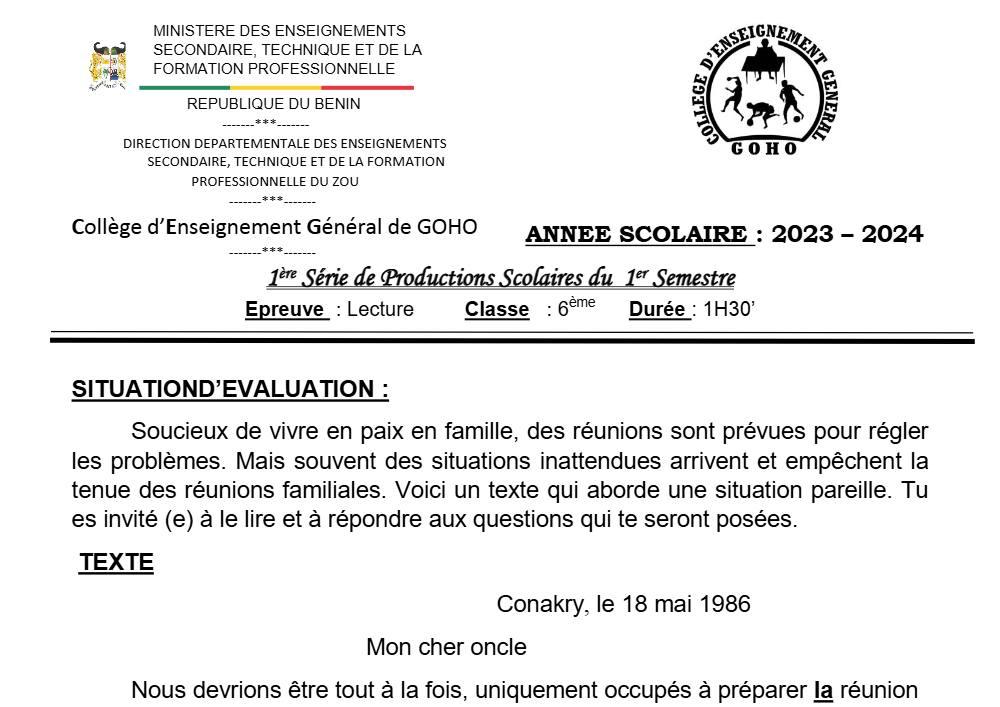 Aperçu de la première page — Lecture 6e Devoir 1 Semestre 1 CEG Goho Abomey 2023 2024