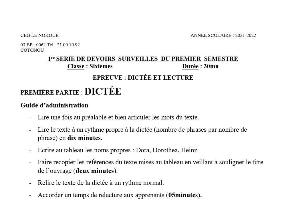 Aperçu de la première page — Lecture 6e Devoir 1 Semestre 1 CEG Le Nokoué 2021 2022 (3)