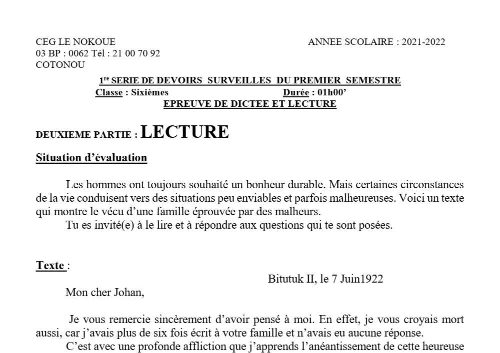 Aperçu de la première page — Lecture 6e Devoir 1 Semestre 1 CEG Le Nokoué 2021 2022