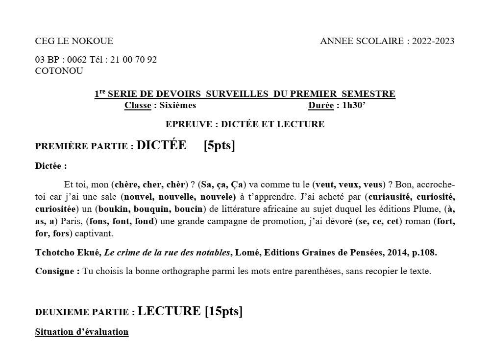 Aperçu de la première page — Lecture 6e Devoir 1 Semestre 1 CEG Le Nokoué 2022 2023