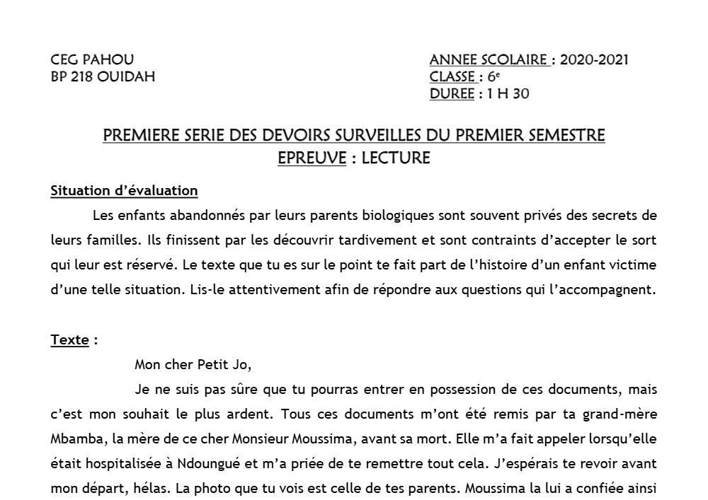 Aperçu de la première page — Lecture 6e Devoir 1 Semestre 1 CEG Pahou 2020 2021