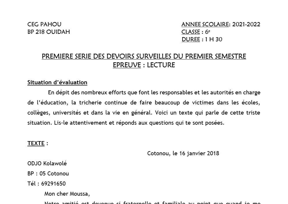 Aperçu de la première page — Lecture 6e Devoir 1 Semestre 1 CEG Pahou 2021 2022