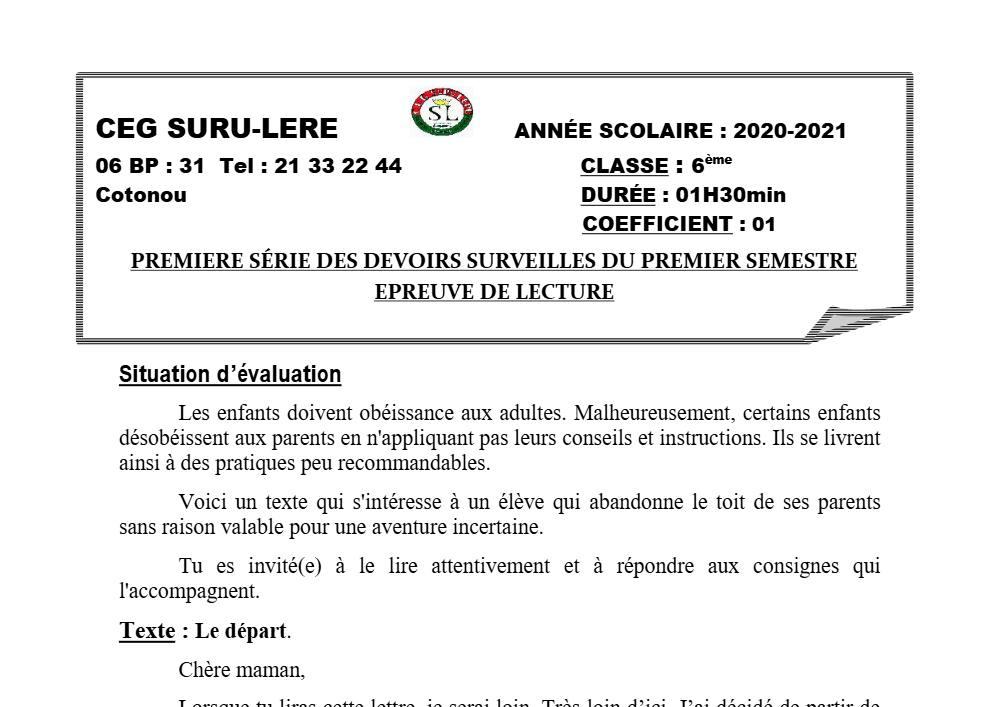Aperçu de la première page — Lecture 6e Devoir 1 Semestre 1 CEG Suru Léré 2020 2021
