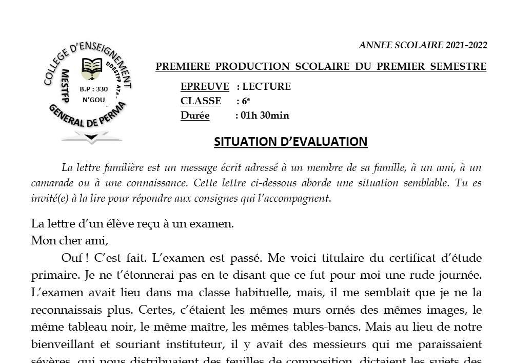 Aperçu de la première page — Lecture 6e Devoir 1 Semestre 1 Collège D'Enseignement Général de Perma 2021 2022