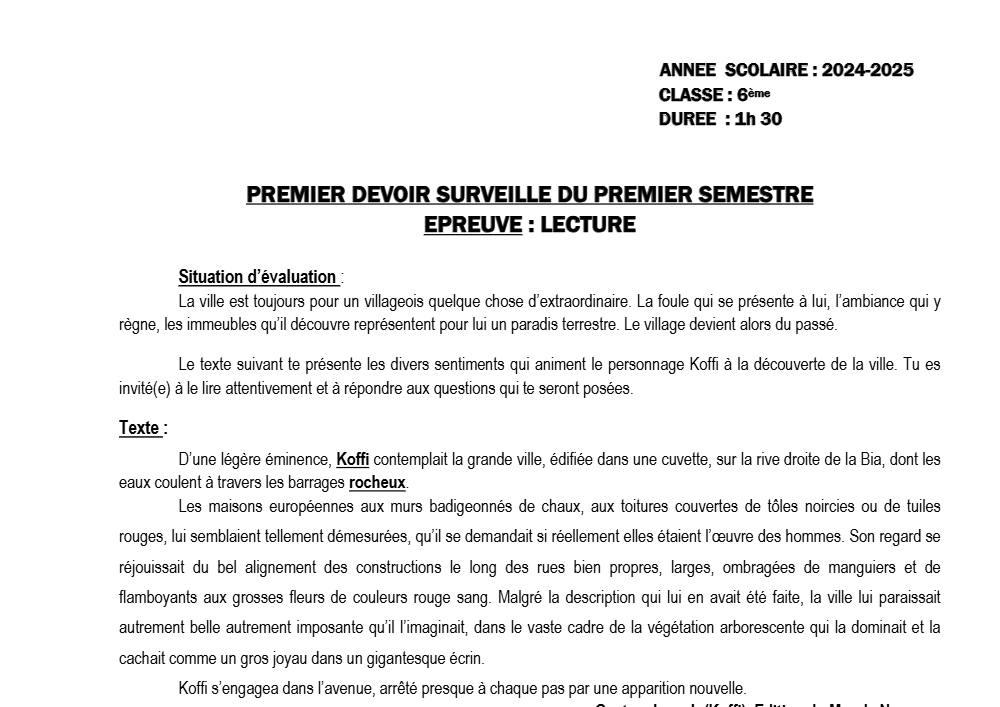 Aperçu de la première page — Lecture 6e Devoir 1 Semestre 1 du Collège D'Enseignement Général 2024 2025