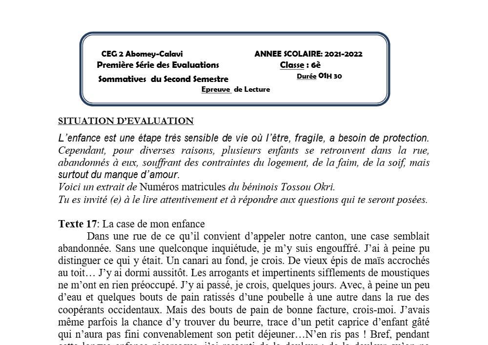 Aperçu de la première page — Lecture 6e Devoir 1 Semestre 2 CEG2 Abomey Calavi 2021 2022
