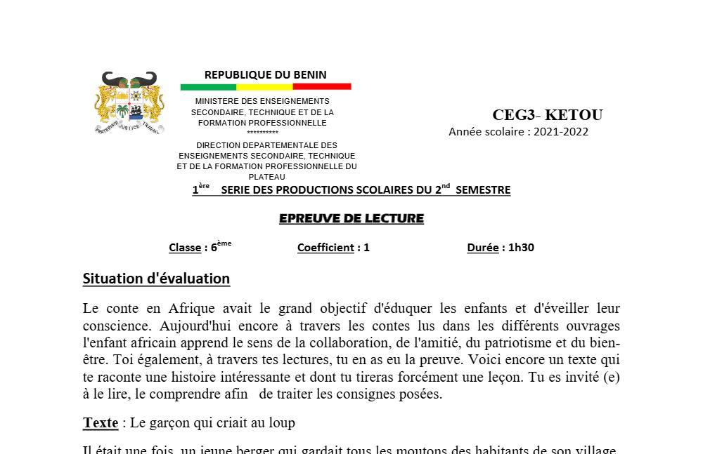 Aperçu de la première page — Lecture 6e Devoir 1 Semestre 2 CEG3 Ketou 2021 2022