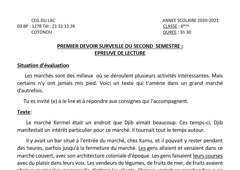 Aperçu de la première page — Lecture 6e Devoir 1 Semestre 2 CEG du Lac 2020 2021