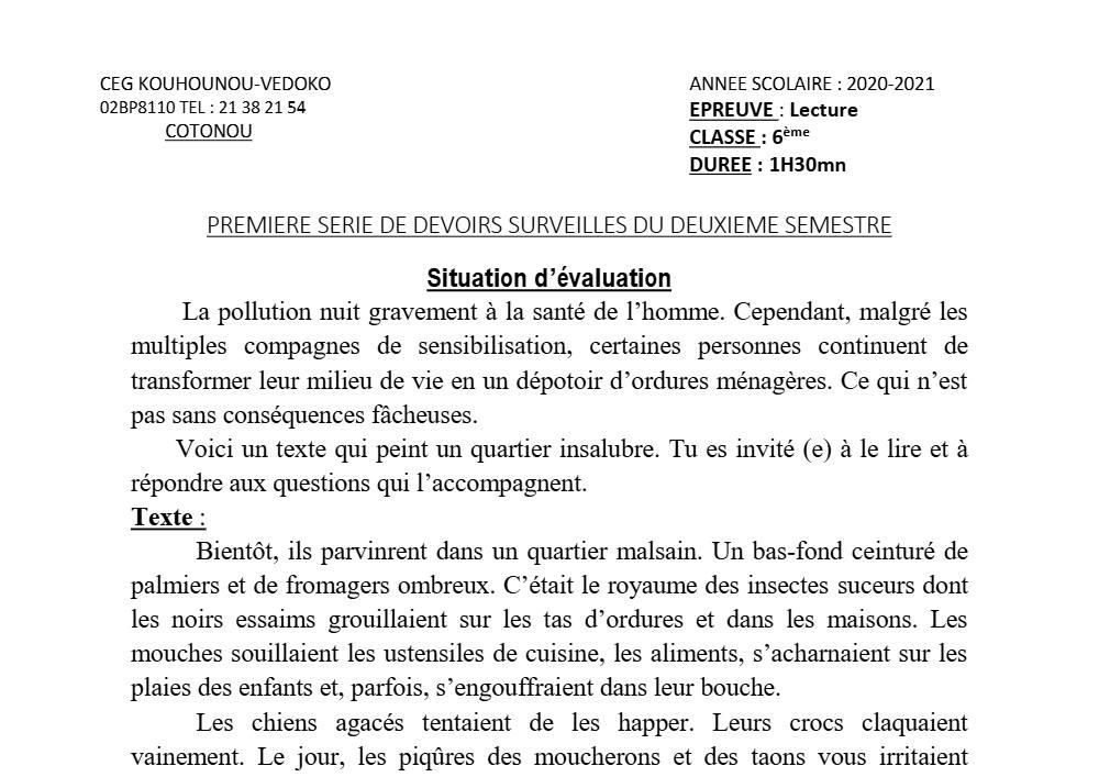 Aperçu de la première page — Lecture 6e Devoir 1 Semestre 2 CEG K Vedoko 2020 2021