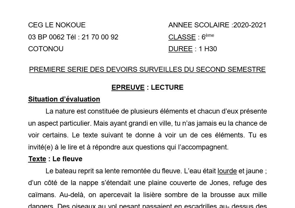 Aperçu de la première page — Lecture 6e Devoir 1 Semestre 2 CEG Le Nokoué 2020 2021