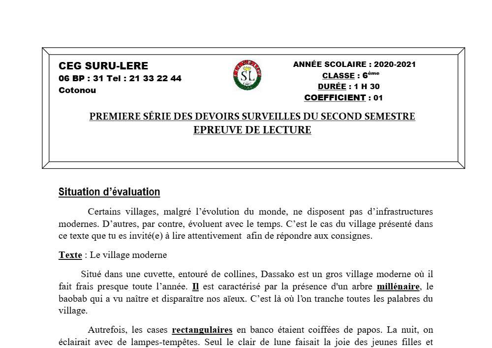 Aperçu de la première page — Lecture 6e Devoir 1 Semestre 2 CEG Suru Léré 2020 2021