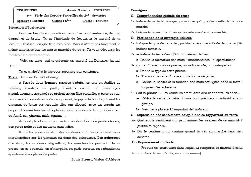 Aperçu de la première page — Lecture 6e Devoir 1 Semestre 2 CEG Sékéré 2020 2021