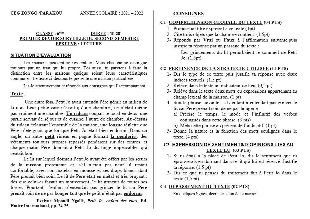 Aperçu de la première page — Lecture 6e Devoir 1 Semestre 2 CEG Zongo 2021 2022