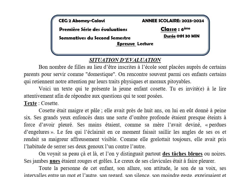 Aperçu de la première page — Lecture 6e Devoir 1 Semestre 2 de CEG2 Abomey Calavi 2023 2024