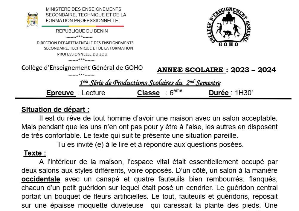 Aperçu de la première page — Lecture 6e Devoir 1 Semestre 2 de CEG Goho 2023 2024
